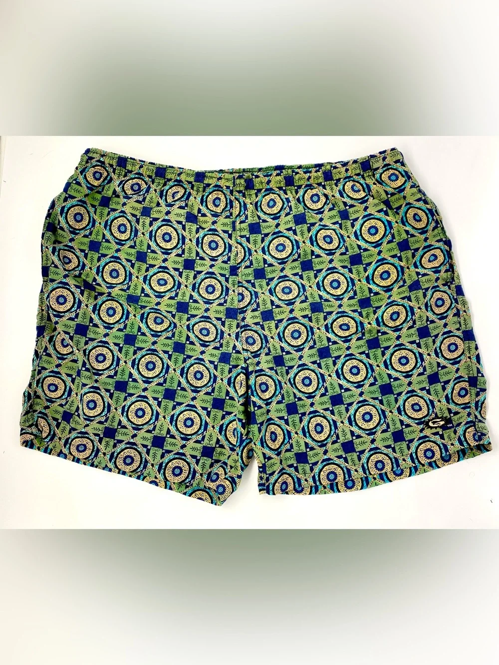 VTG 80’s Men’s Gotcha Blue/Green Medallion Psychedelic Print Swim Trunks | XL